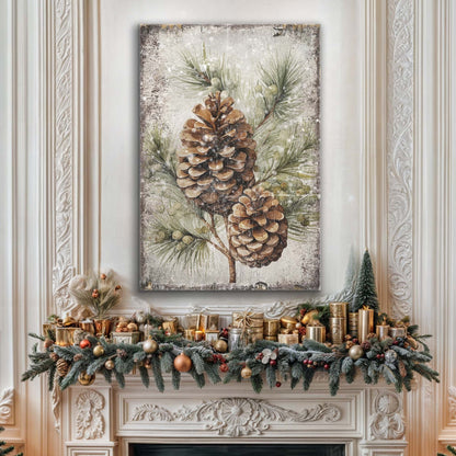 Vintage Winter Pine Cone Wall Art II Canvas, pinecones with green needles in a snowy scene on Tampa Home & Garden Store