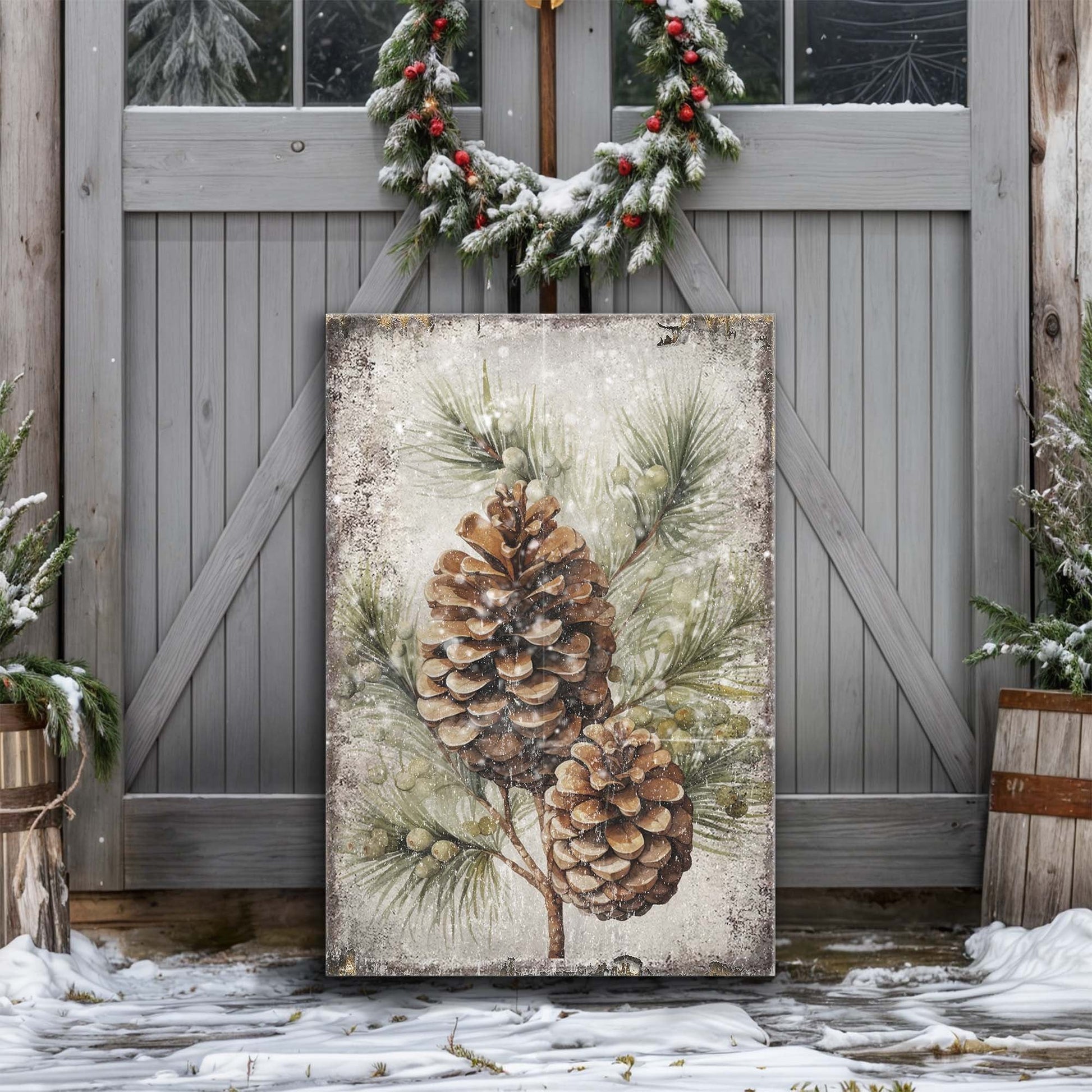 Vintage Winter Pine Cone Christmas Wall Art II canvas with snowy pinecone motif on Tampa Home & Garden Store