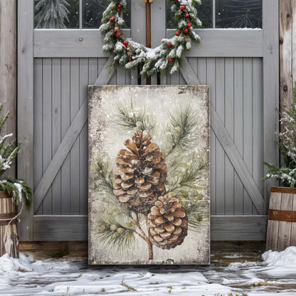 Vintage Winter Pine Cone Christmas Wall Art II canvas with snowy pinecone motif on Tampa Home & Garden Store