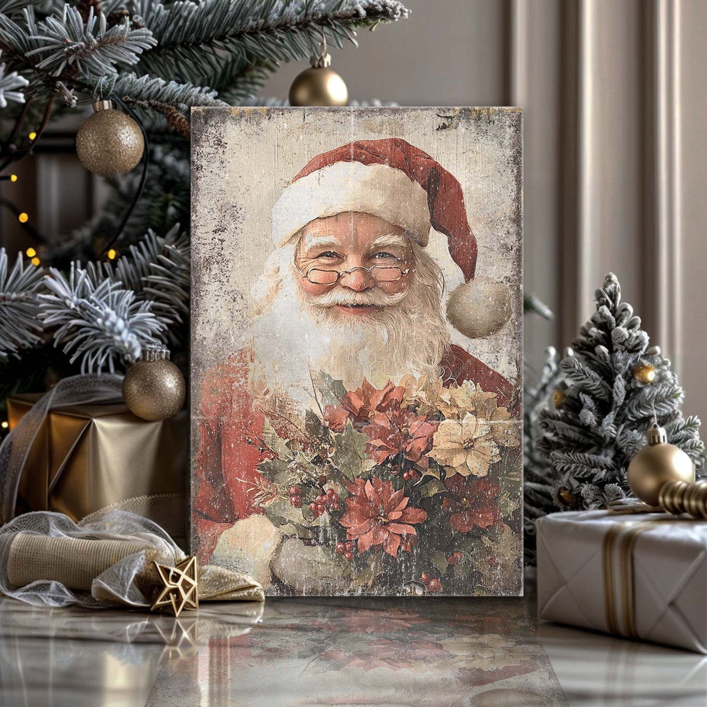 Vintage Santa Claus wall art canvas with red hat among gold ornaments on Tampa Home & Garden Store