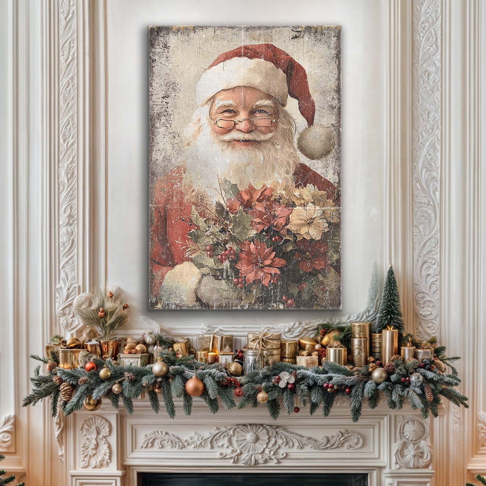 Vintage Christmas Santa Claus wall art canvas with rustic distressed finish on Tampa Home & Garden Store