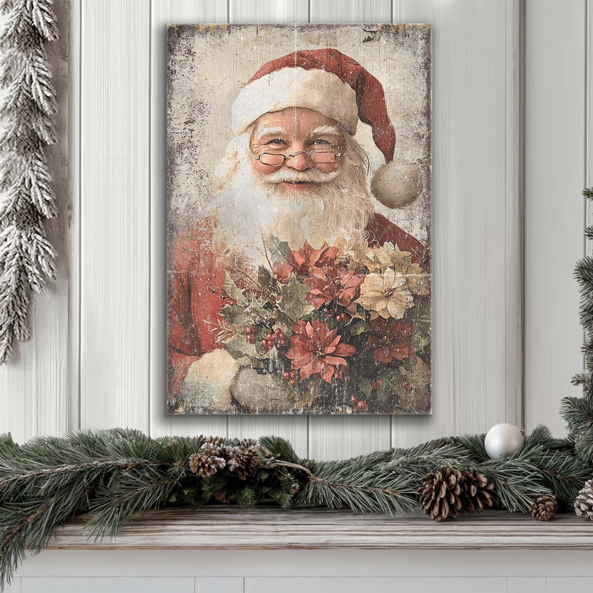 Vintage Santa Claus wall art canvas with rustic distressed finish and floral bouquet on Tampa Home & Garden Store