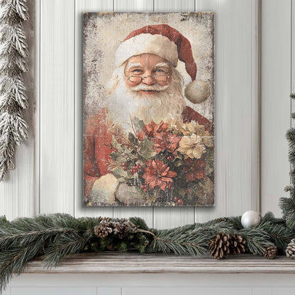 Vintage Santa Claus wall art canvas with rustic distressed finish and floral bouquet on Tampa Home & Garden Store