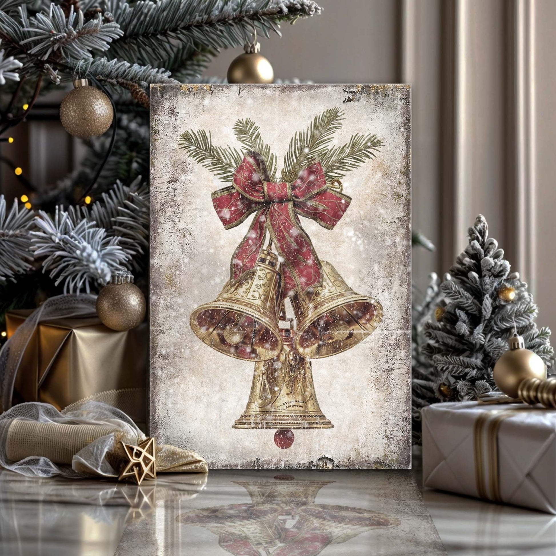 Vintage Christmas Bells Wall Art canvas Tailored Canvases with gold bells and red bow on Tampa Home & Garden Store