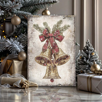 Vintage Christmas Bells Wall Art canvas Tailored Canvases with gold bells and red bow on Tampa Home & Garden Store