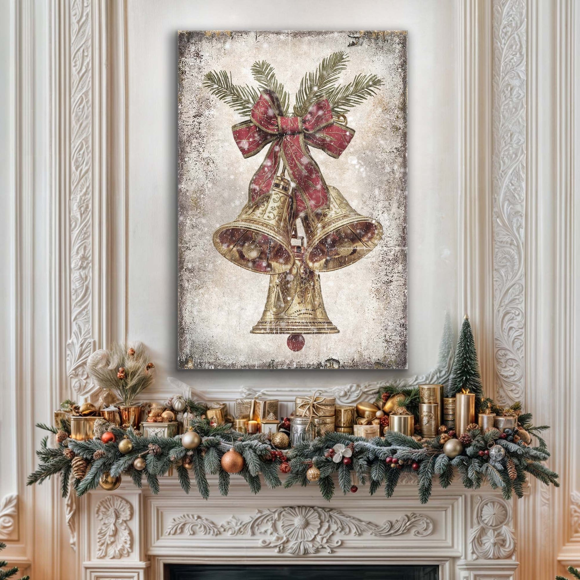 Vintage Christmas Bells Wall Art canvas with gold bells and red bow on a textured backdrop on Tampa Home & Garden Store