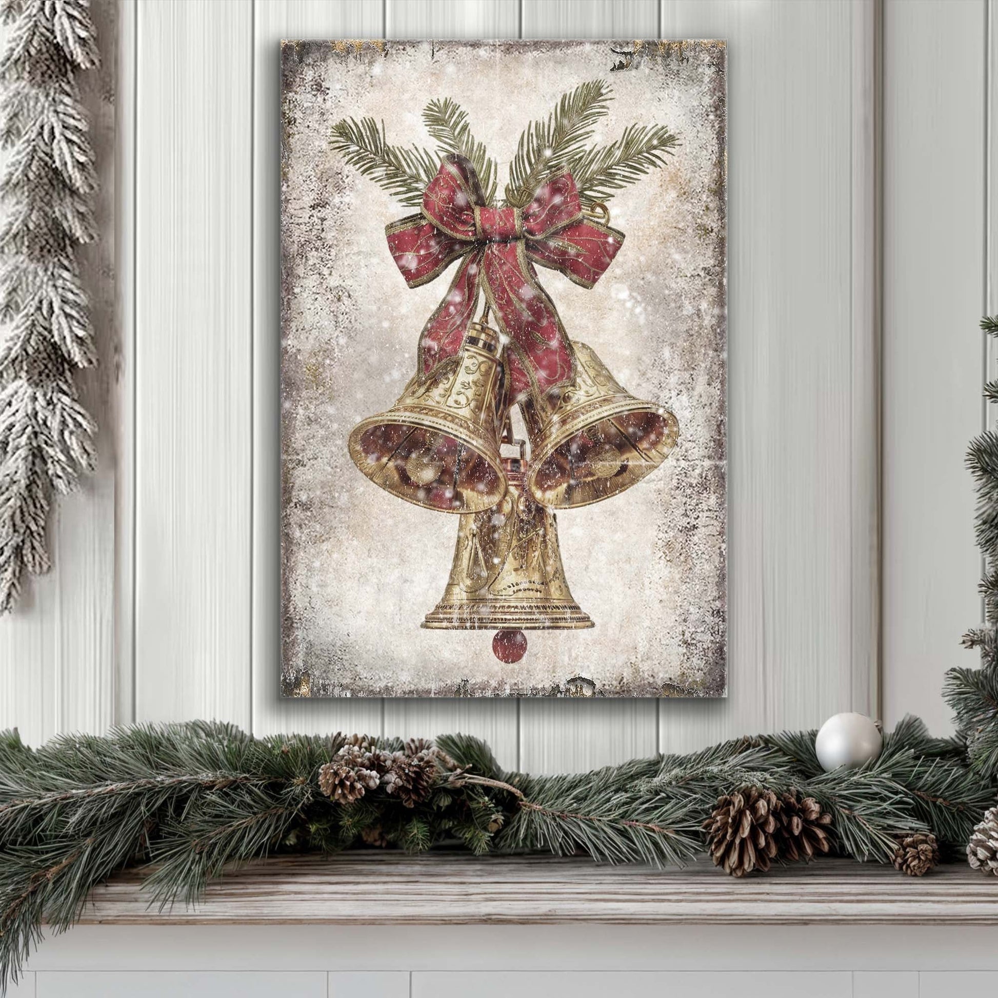 Vintage Christmas Bells Wall Art canvas with red ribbon bow and gold bells by Tailored Canvases on Tampa Home & Garden Store