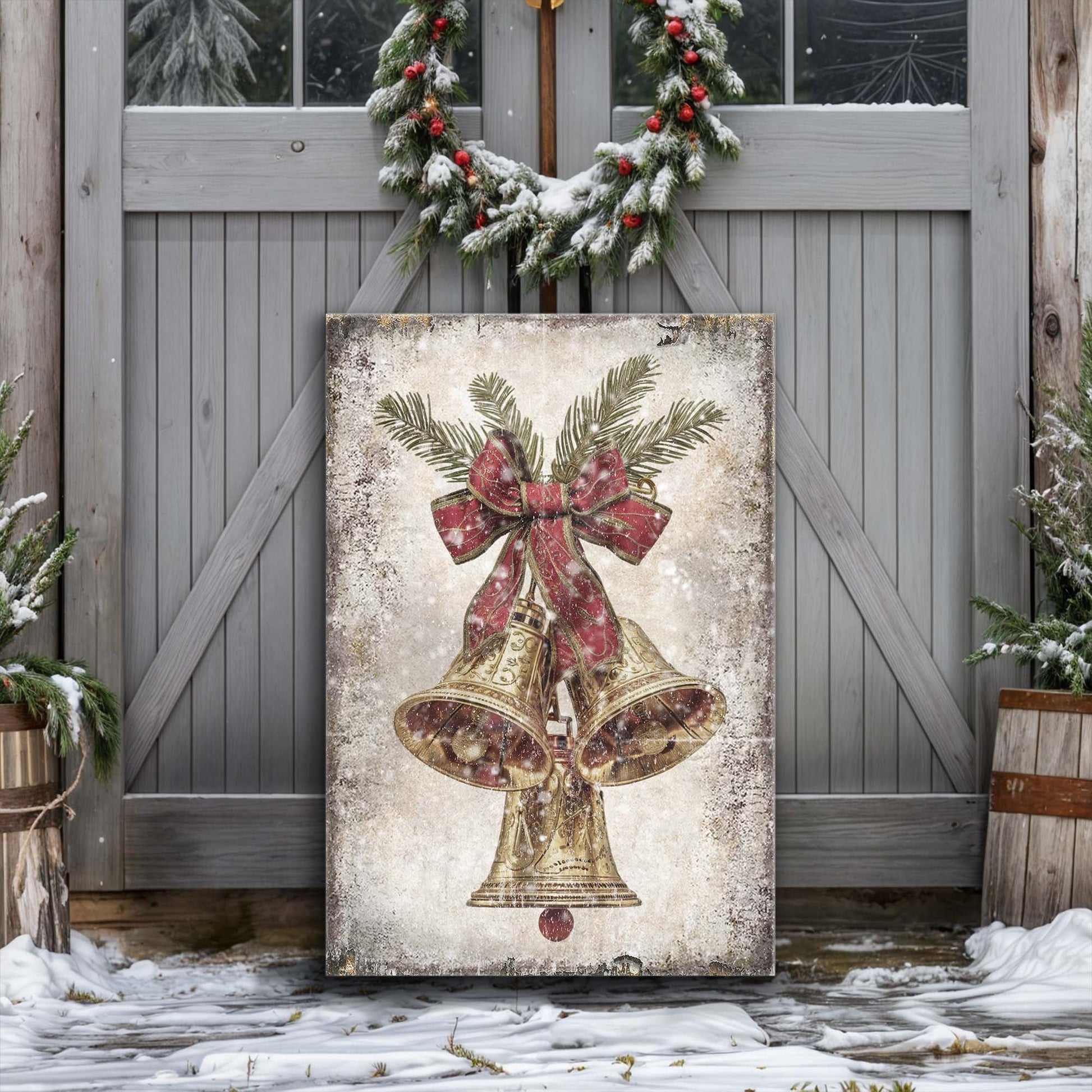 Vintage Christmas Bells Wall Art canvas with gold bells and red bow on distressed background on Tampa Home & Garden Store