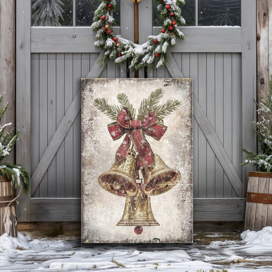 Vintage Christmas Bells Wall Art canvas with gold bells and red bow on distressed background on Tampa Home & Garden Store