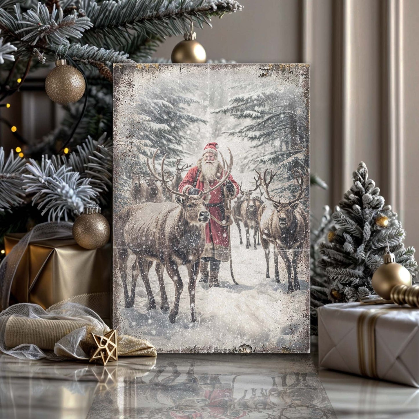 Vintage Woodland Santa Christmas Wall Art canvas with snowy forest and reindeer on Tampa Home & Garden Store