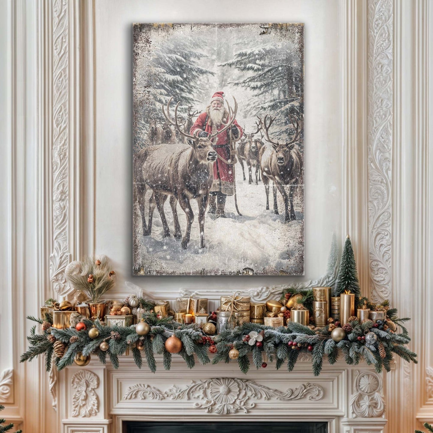 Vintage Woodland Santa Christmas Wall Art canvas by Tailored Canvases with snowy forest reindeer on Tampa Home & Garden Store