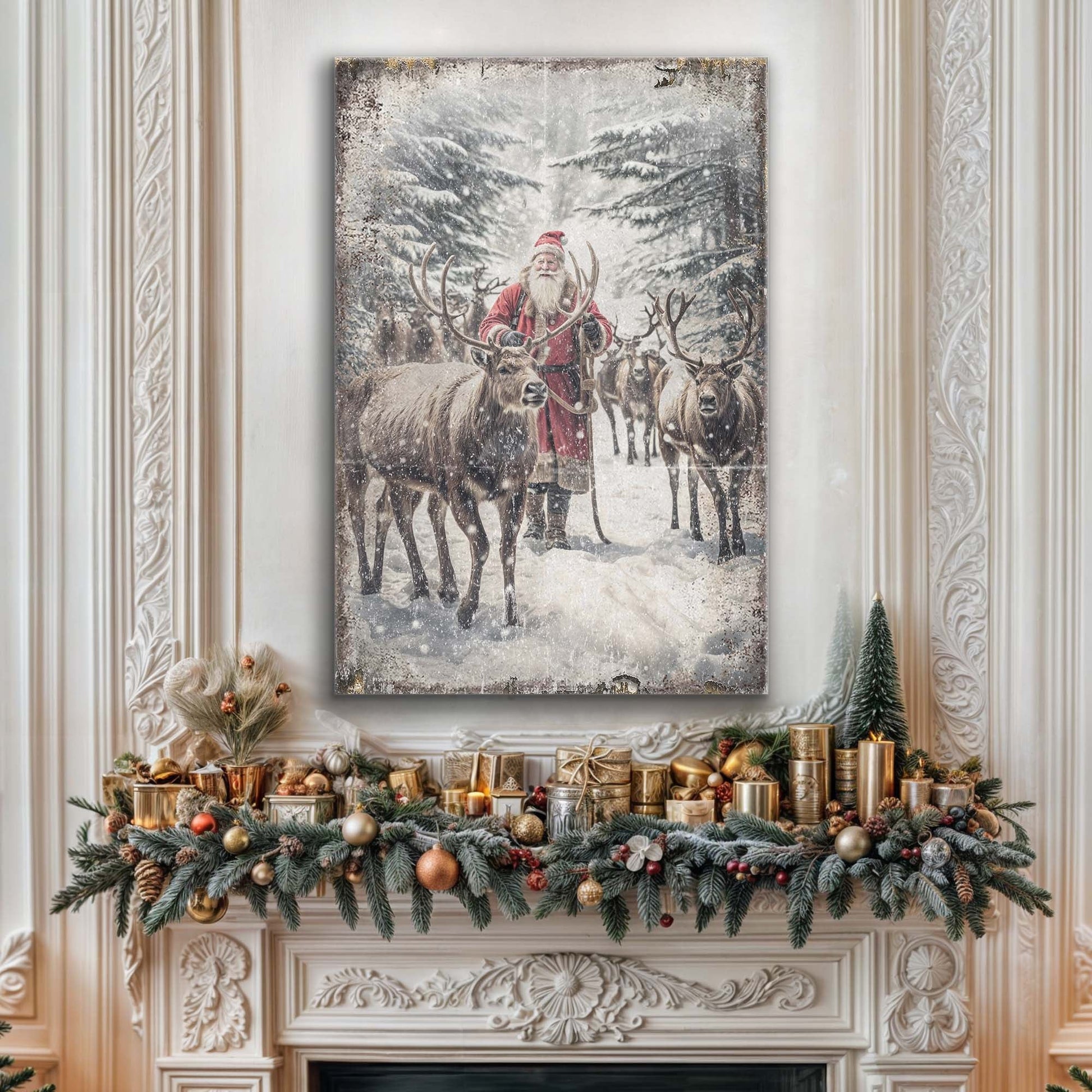 Vintage Woodland Santa Christmas Wall Art canvas by Tailored Canvases with snowy forest reindeer on Tampa Home & Garden Store