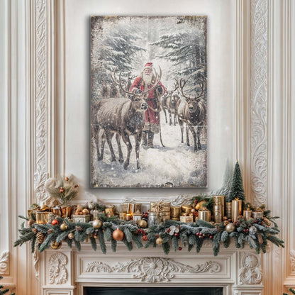 Vintage Woodland Santa Christmas Wall Art canvas by Tailored Canvases with snowy forest reindeer on Tampa Home & Garden Store