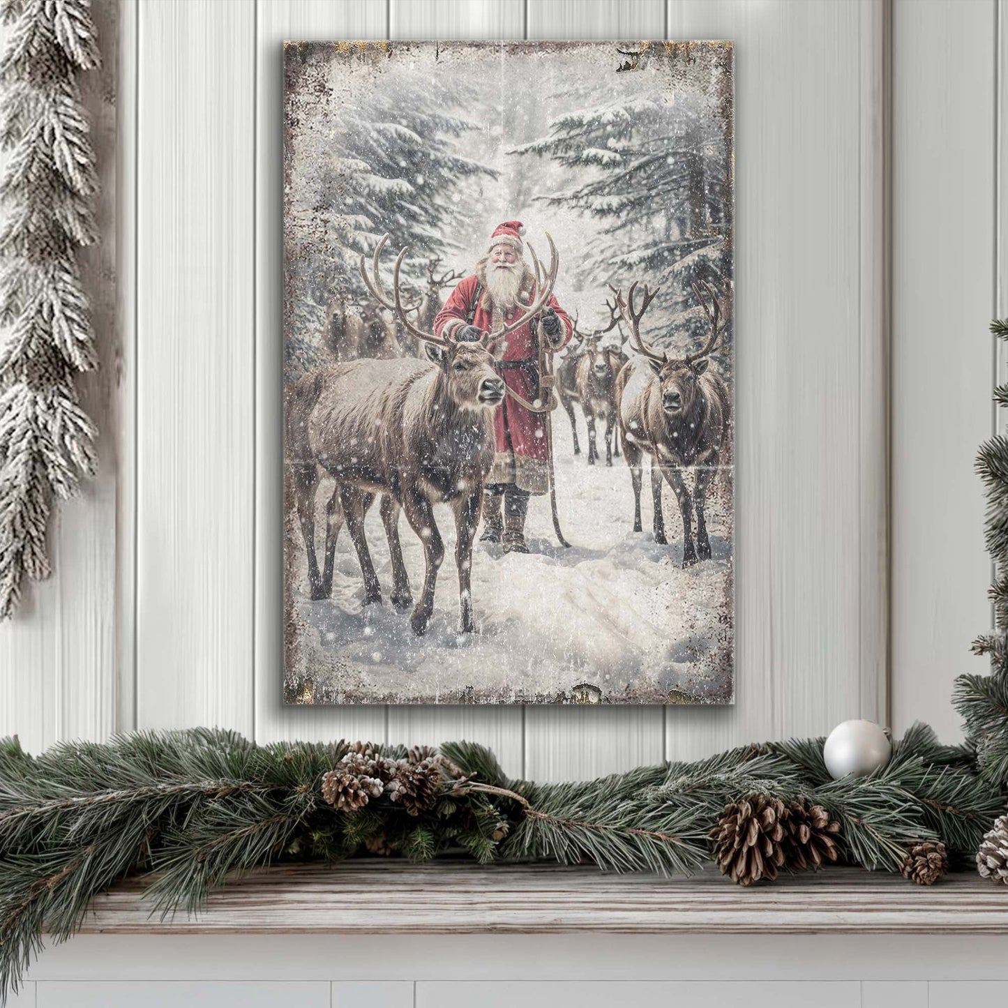 Vintage Woodland Santa Christmas Wall Art canvas with Santa and reindeer in a snowy forest on Tampa Home & Garden Store
