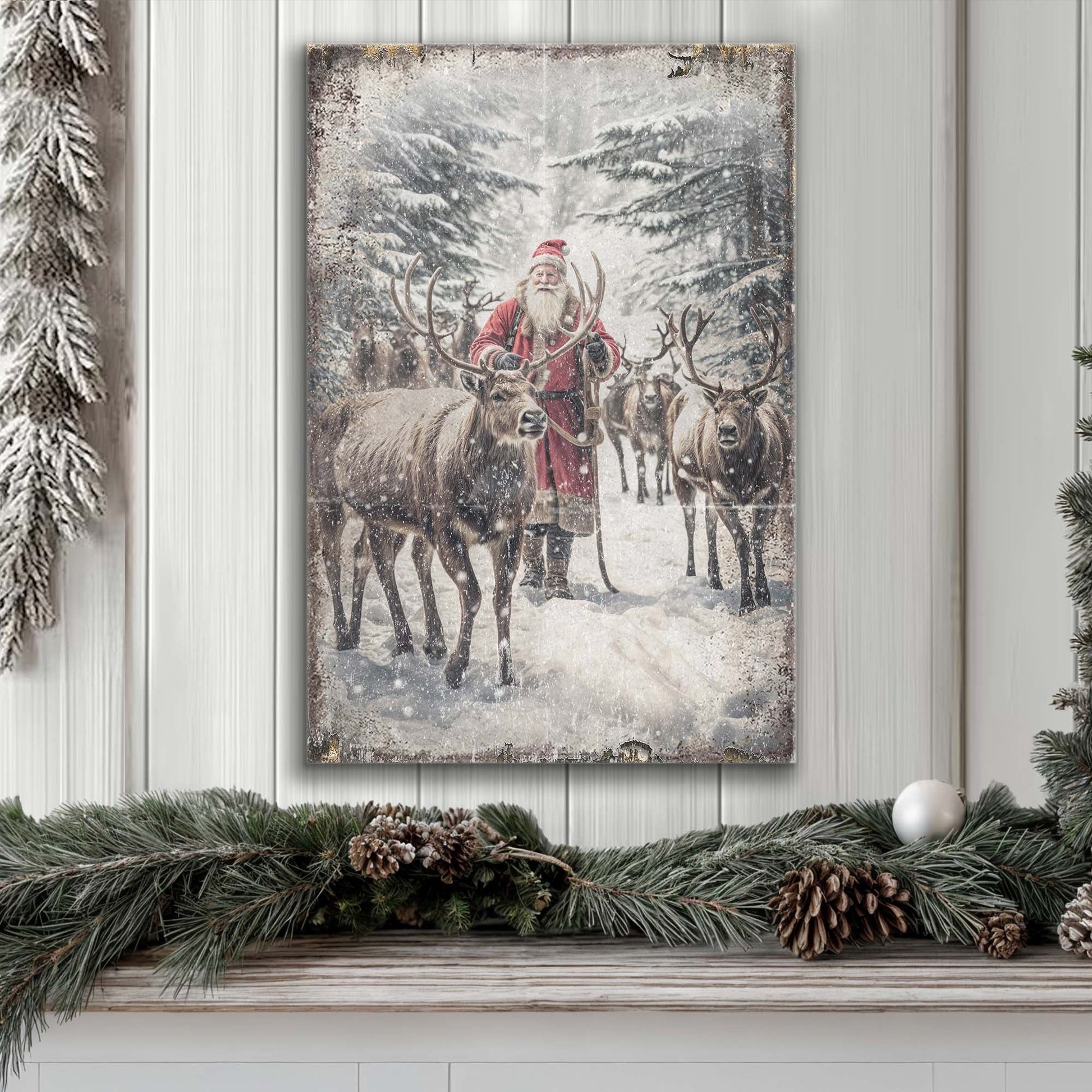 Vintage Woodland Santa Christmas Wall Art canvas with Santa and reindeer in a snowy forest on Tampa Home & Garden Store