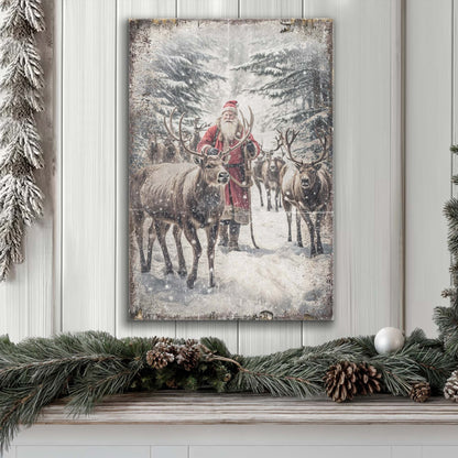 Vintage Woodland Santa Christmas Wall Art canvas with Santa and reindeer in a snowy forest on Tampa Home & Garden Store