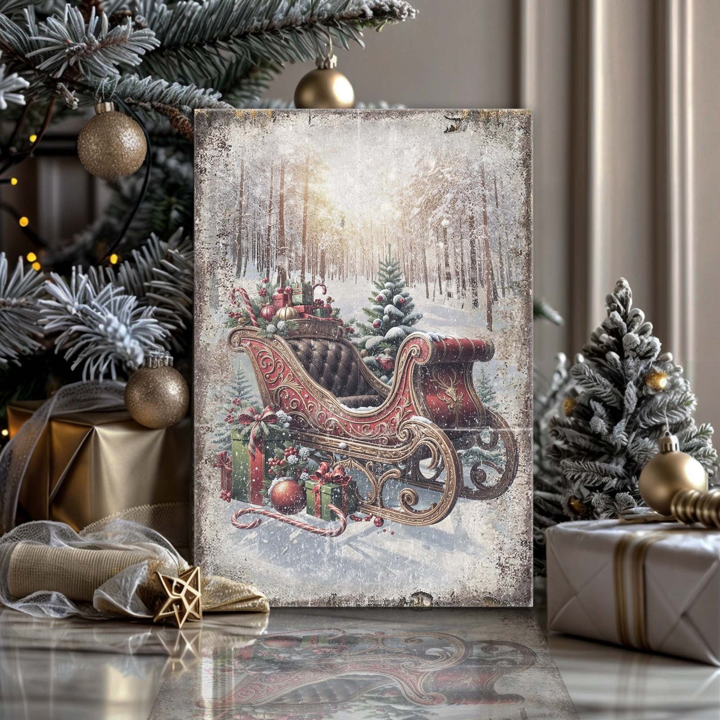 Vintage Christmas Sleigh Sled Wall Art canvas with red sleigh and gifts in snowy forest on Tampa Home & Garden Store