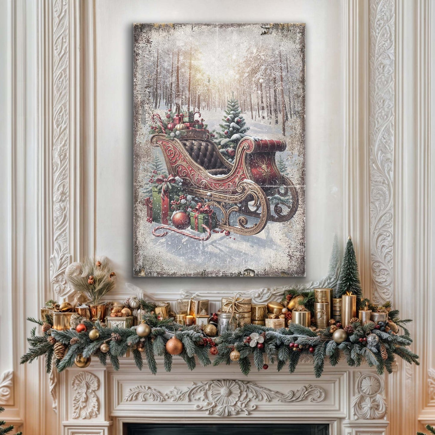 Vintage Christmas Sleigh Sled Wall Art canvas: red ornate sleigh with gifts in a snowy forest on Tampa Home & Garden Store