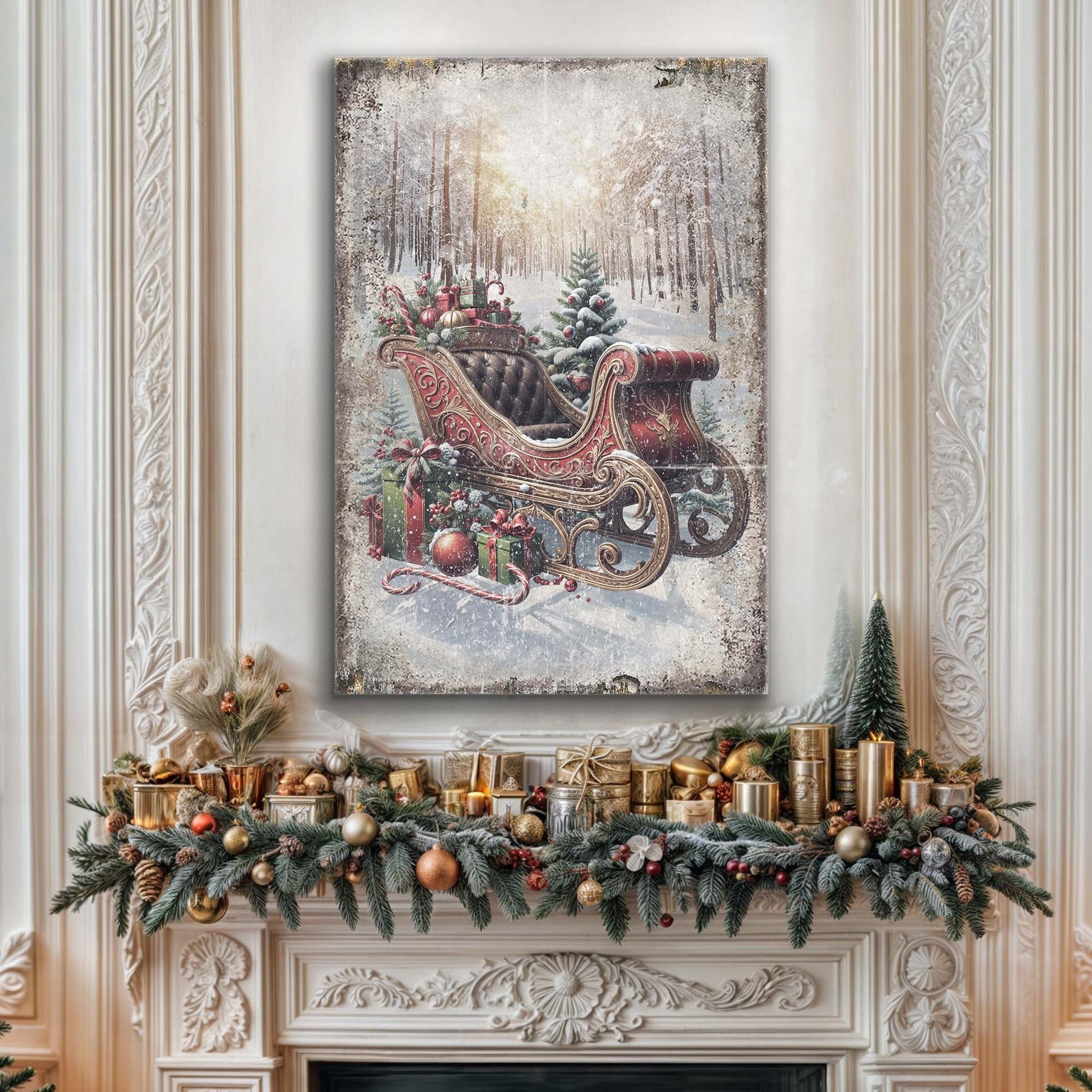 Vintage Christmas Sleigh Sled Wall Art canvas: red ornate sleigh with gifts in a snowy forest on Tampa Home & Garden Store