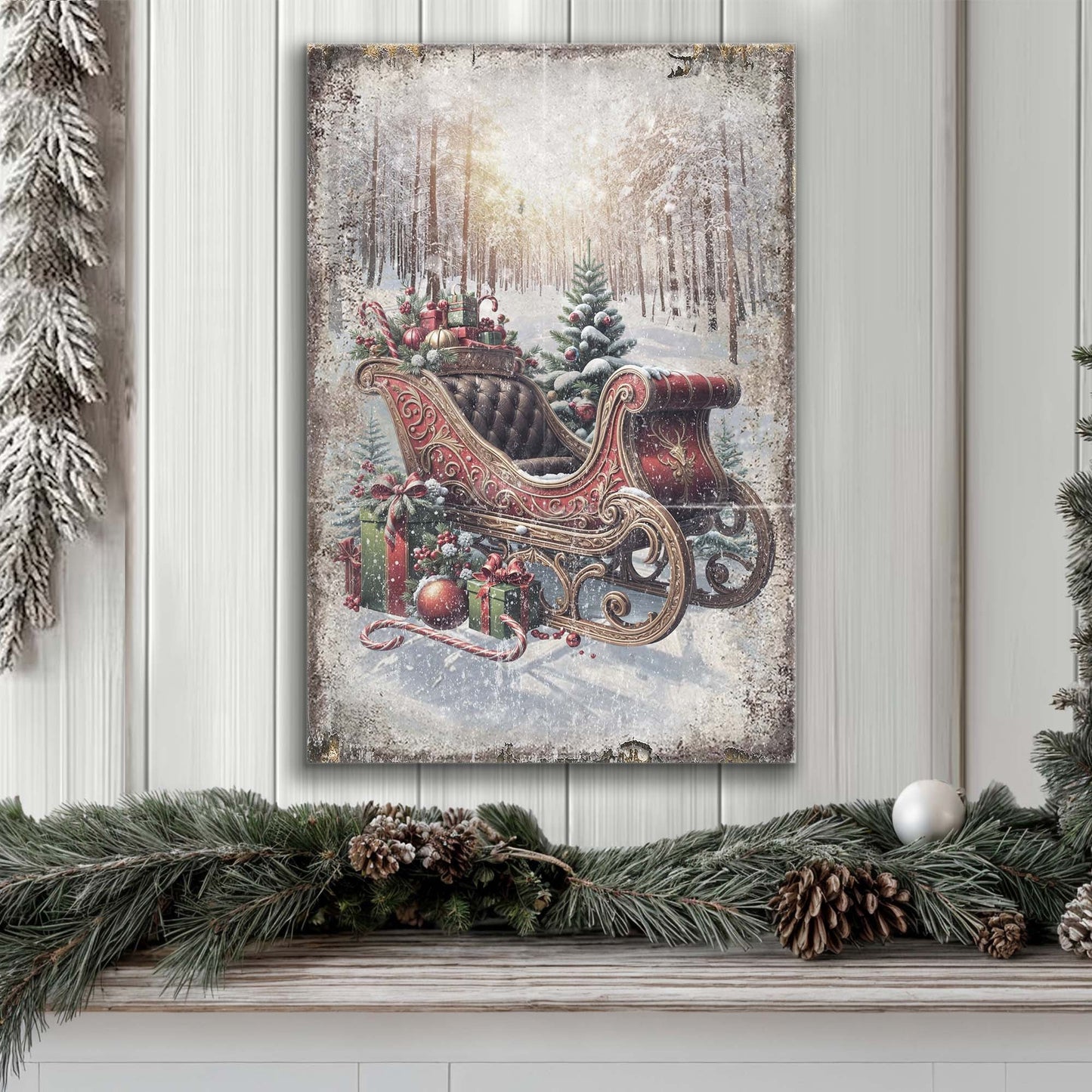 Vintage Christmas Sleigh Sled Wall Art canvas featuring red sleigh, gifts, snowy forest on Tampa Home & Garden Store