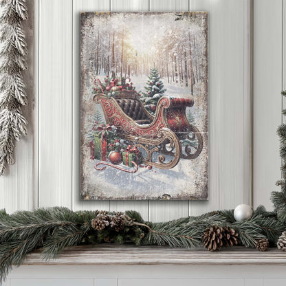 Vintage Christmas Sleigh Sled Wall Art canvas featuring red sleigh, gifts, snowy forest on Tampa Home & Garden Store