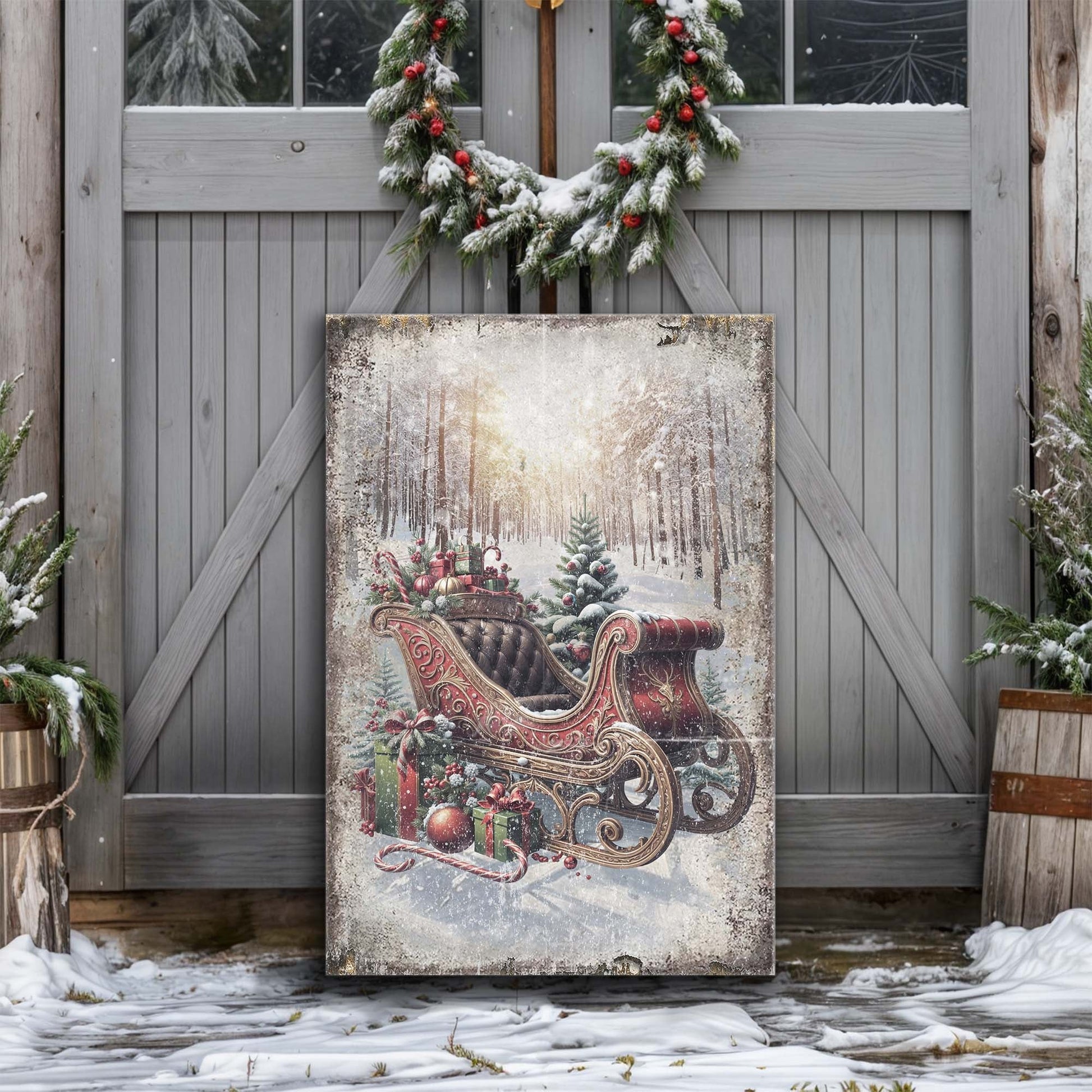 Vintage Christmas Sleigh Sled Wall Art canvas by Tailored Canvases, red sleigh with gifts on Tampa Home & Garden Store