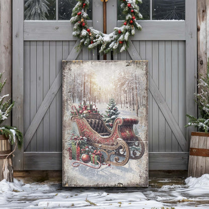 Vintage Christmas Sleigh Sled Wall Art canvas by Tailored Canvases, red sleigh with gifts on Tampa Home & Garden Store