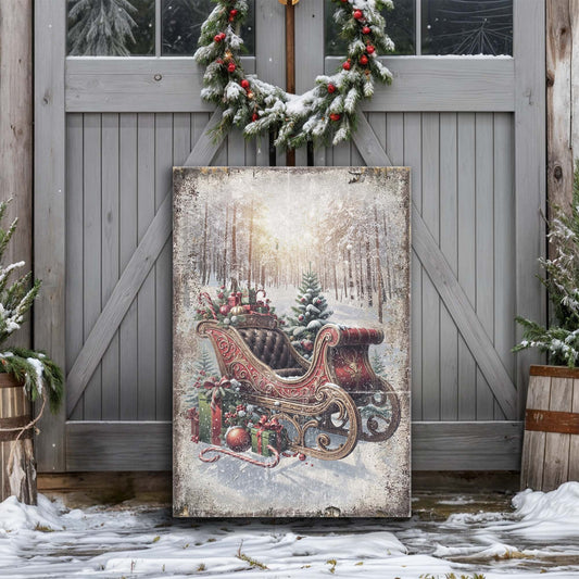 Vintage Christmas Sleigh Sled Wall Art canvas by Tailored Canvases, red sleigh with gifts on Tampa Home & Garden Store