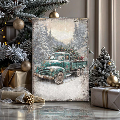 Vintage Truck With Christmas Tree canvas wall art teal vintage truck in a snowy scene on Tampa Home & Garden Store