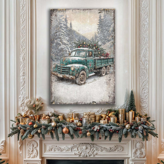 Vintage Truck With Christmas Tree Wall Art canvas teal pickup with ornaments in snow on Tampa Home & Garden Store
