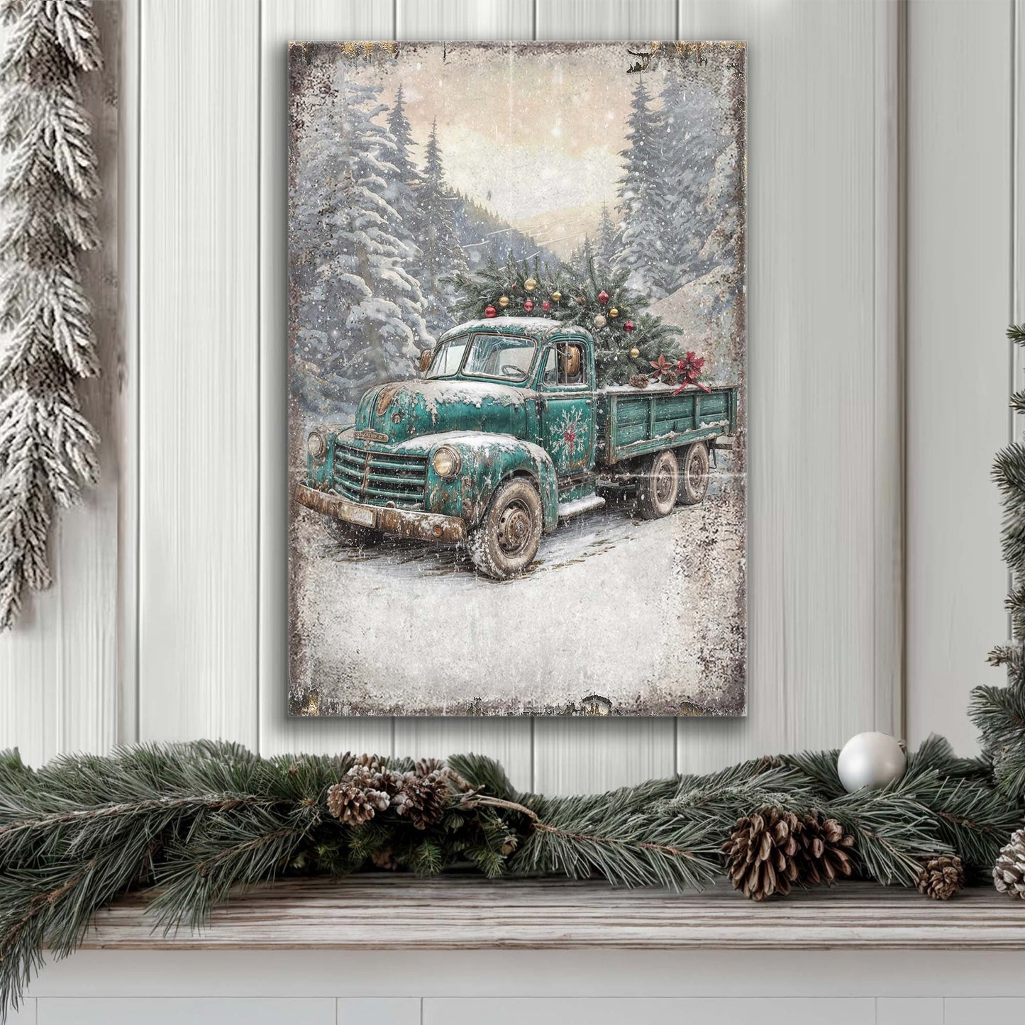 Canvas wall art vintage teal truck with Christmas tree in a snowy forest Tailored Canvases on Tampa Home & Garden Store