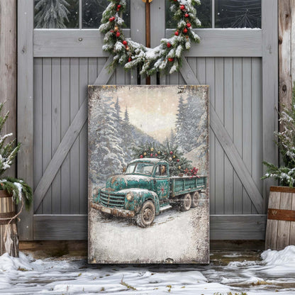 Vintage Truck With Christmas Tree canvas wall art teal truck in snowfall Tailored Canvases on Tampa Home & Garden Store