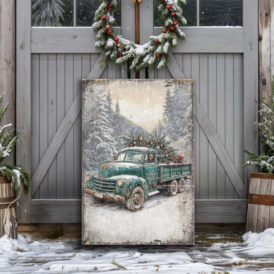 Vintage Truck With Christmas Tree canvas wall art teal truck in snowfall Tailored Canvases on Tampa Home & Garden Store