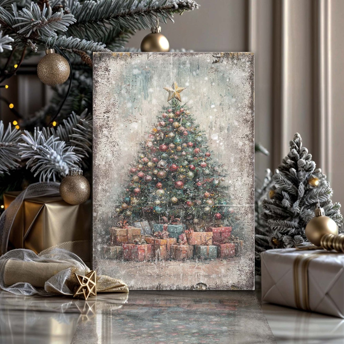 Vintage Christmas Tree With Gifts wall art canvas by Tailored Canvases with festive look on Tampa Home & Garden Store