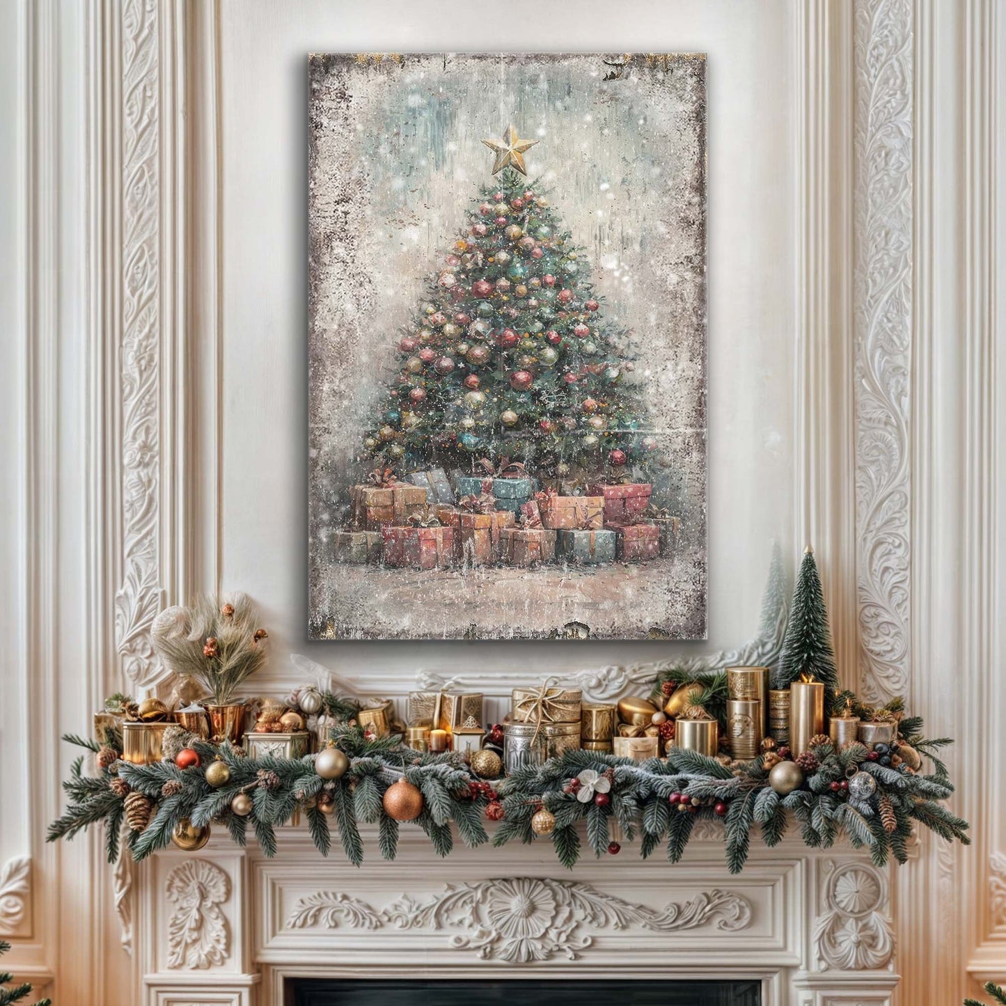 Vintage Christmas Tree With Gifts canvas wall art, star-topped tree and gifts on Tampa Home & Garden Store