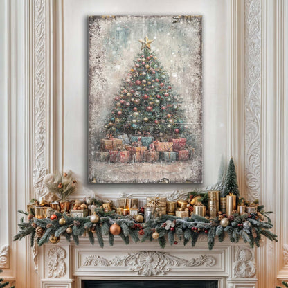 Vintage Christmas Tree With Gifts canvas wall art, star-topped tree and gifts on Tampa Home & Garden Store
