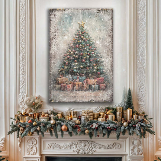 Vintage Christmas Tree With Gifts canvas wall art, star-topped tree and gifts on Tampa Home & Garden Store