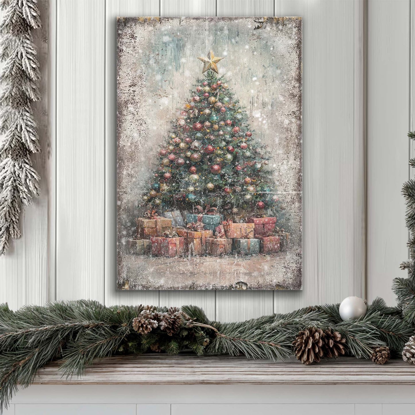 Tailored Canvases Vintage Christmas Tree with Gifts canvas wall art featuring a decorated tree and stacked presents on Tampa Home & Garden Store