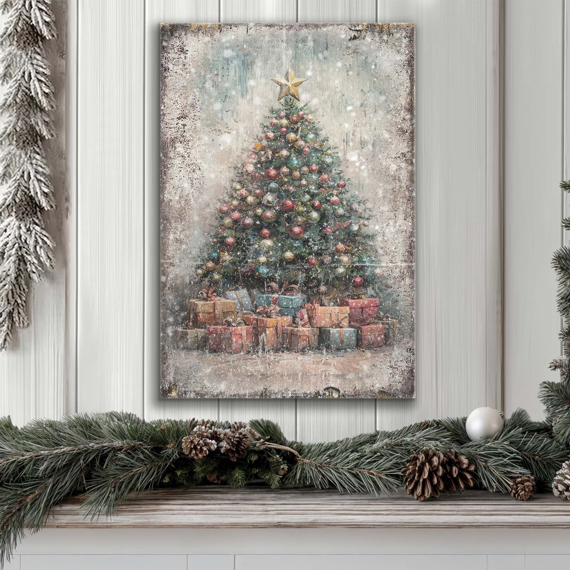 Tailored Canvases Vintage Christmas Tree with Gifts canvas wall art featuring a decorated tree and stacked presents on Tampa Home & Garden Store