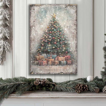 Tailored Canvases Vintage Christmas Tree with Gifts canvas wall art featuring a decorated tree and stacked presents on Tampa Home & Garden Store