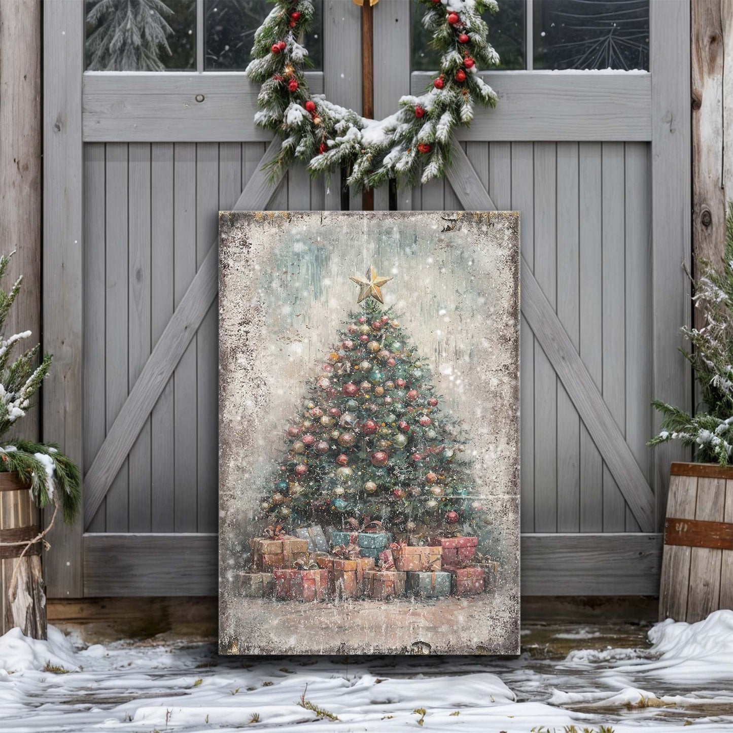 Vintage Christmas Tree With Gifts canvas wall art against rustic gray wooden doors with snow on Tampa Home & Garden Store