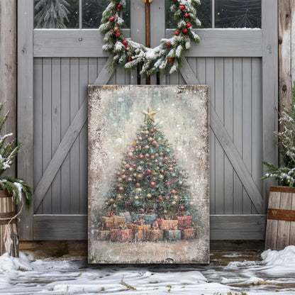 Vintage Christmas Tree With Gifts canvas wall art against rustic gray wooden doors with snow on Tampa Home & Garden Store