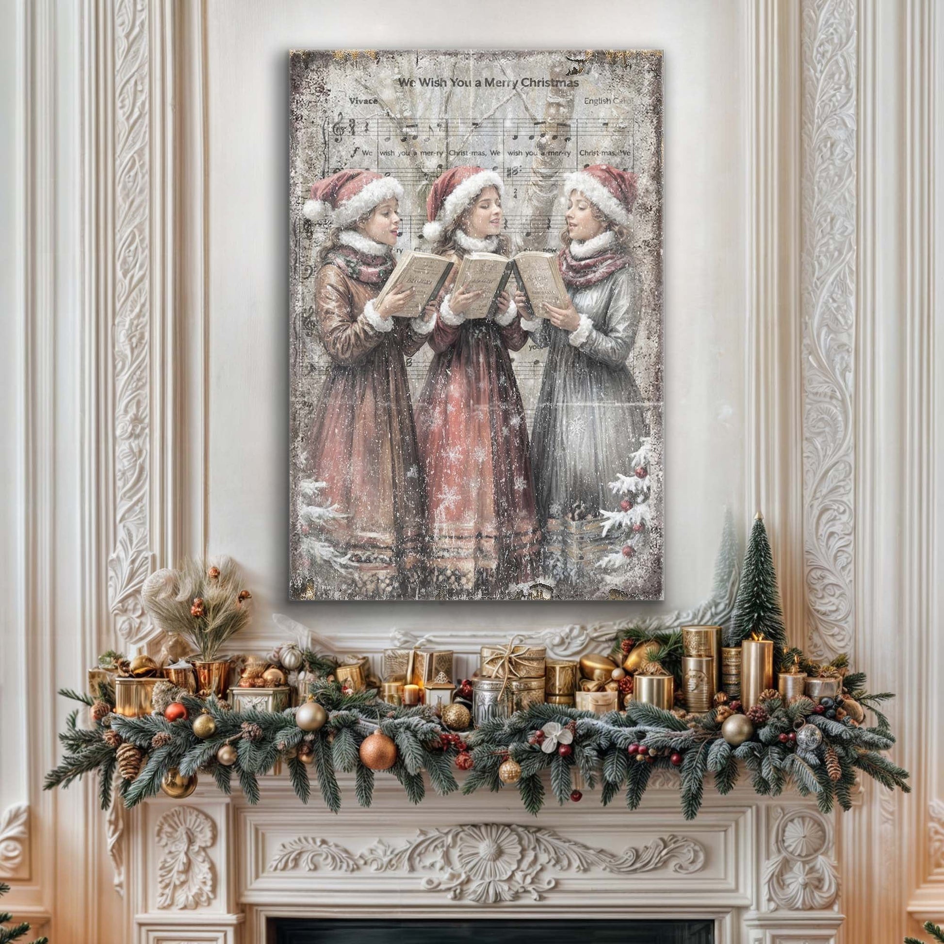 Vintage Christmas Carolers wall art canvas Tailored Canvases; Santa hats sing over sheet music on Tampa Home & Garden Store