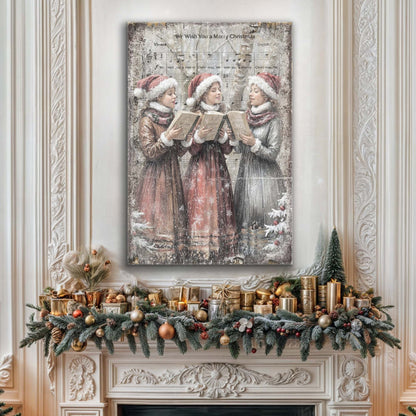 Vintage Christmas Carolers wall art canvas Tailored Canvases; Santa hats sing over sheet music on Tampa Home & Garden Store