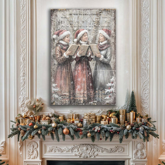Vintage Christmas Carolers wall art canvas Tailored Canvases; Santa hats sing over sheet music on Tampa Home & Garden Store