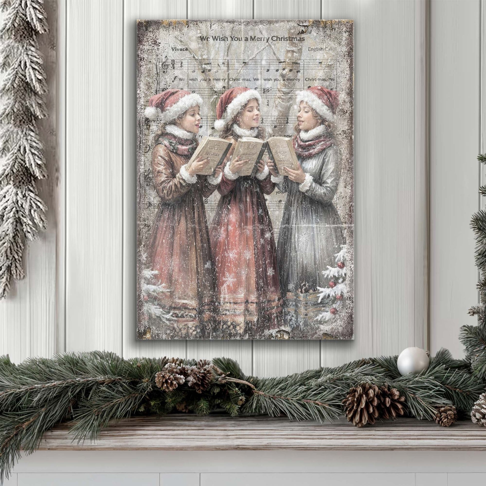 Vintage Christmas Carolers Wall Art canvas by Tailored Canvases showing three carolers on Tampa Home & Garden Store