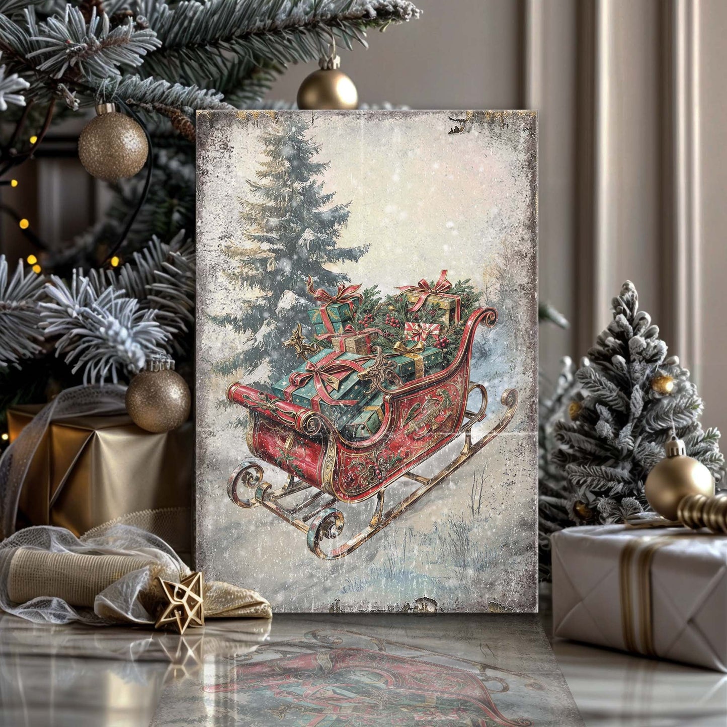 Vintage Christmas Sleigh Sled Wall Art II canvas by Tailored Canvases, sleigh scene with gifts on Tampa Home & Garden Store