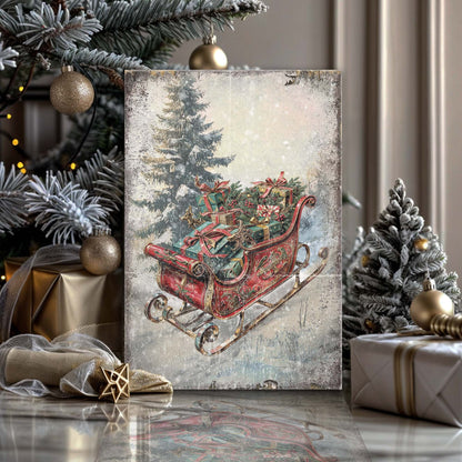 Vintage Christmas Sleigh Sled Wall Art II canvas by Tailored Canvases, sleigh scene with gifts on Tampa Home & Garden Store