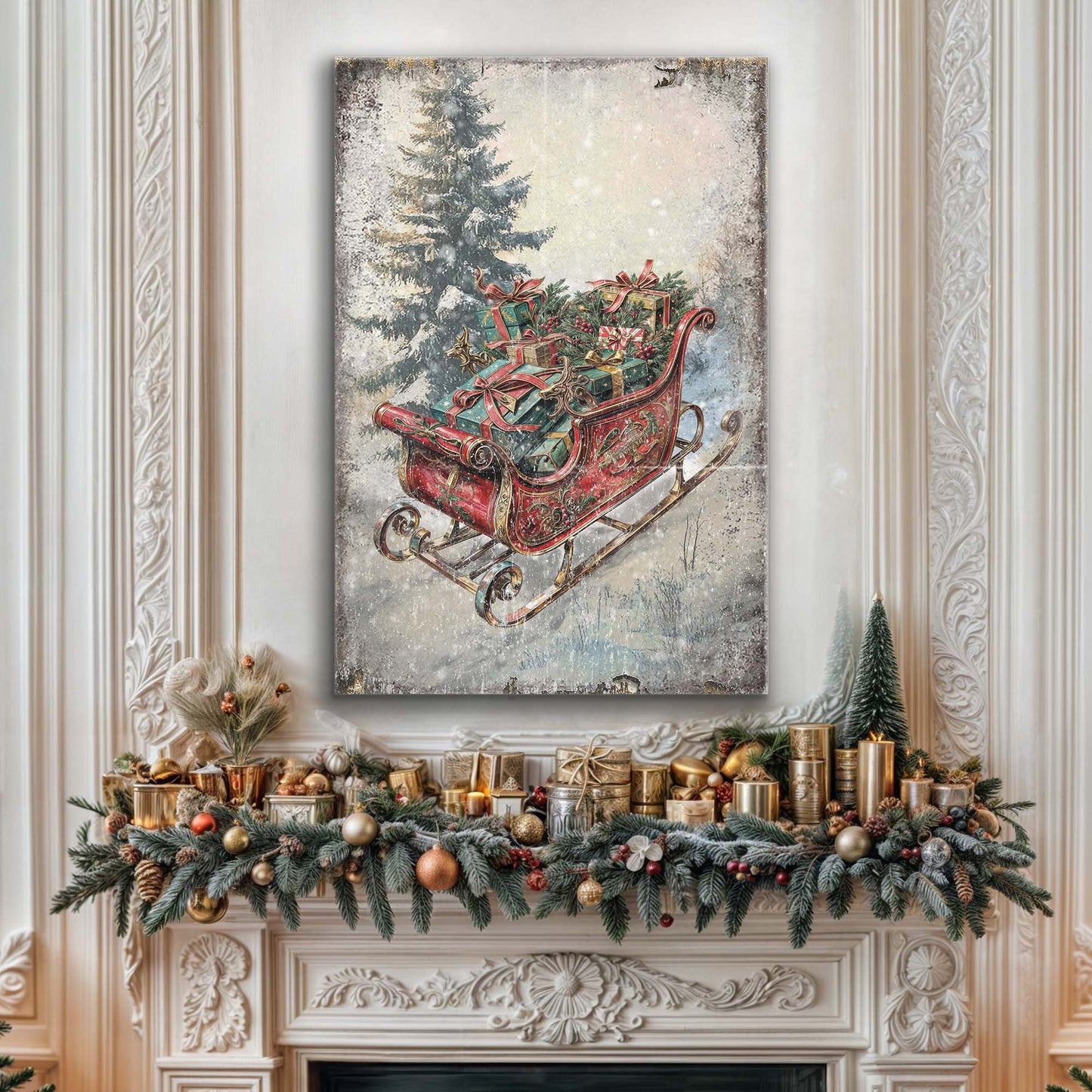 Vintage Christmas Sleigh Sled Wall Art II canvas by Tailored Canvases; sleigh with gifts beside evergreen on Tampa Home & Garden Store