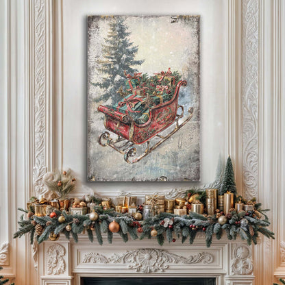 Vintage Christmas Sleigh Sled Wall Art II canvas by Tailored Canvases; sleigh with gifts beside evergreen on Tampa Home & Garden Store